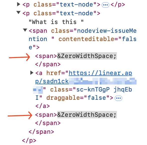 Spans added by Linear before and after nodeViews